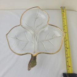Vintage Gold Plated Clear Glass Leaf Shaped Deep Plate Three Sections Petals