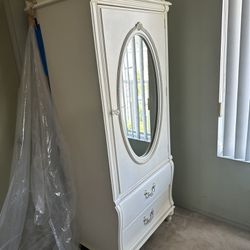 Antique White Ornate  Armoire with mirror and drawers By Stanley Wood 