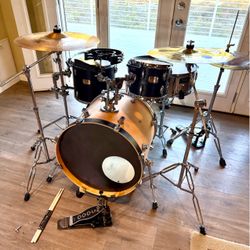 Complete 4 piece mixed drum set $575 cash in Upland 91784. Zildjian Sabian cymbals stands throne cowbell tambourine