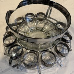 Mid Century Dorothy Thorpe Silver Band Punch Bowl set