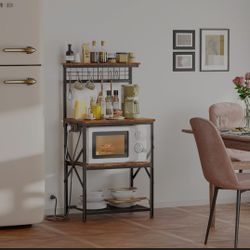 Furologee Kitchen Bakers Rack with Power Outlet, Microwave Oven Stand with Storage 4 Tiers, Coffee Bar Table with 6 S Hooks, Kitchen Storage Shelf Rac
