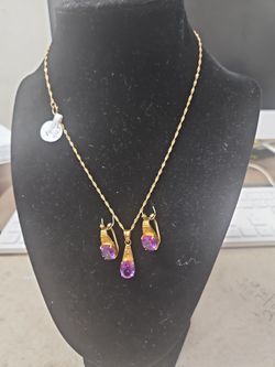 14K Gold Amethyst set Pendant and Earrings