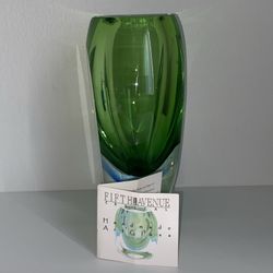 Vintage Fifth Avenue Crystal LTD Art Glass 8.5”Vase Green Blue Heavy Thick Vase