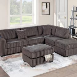 BROWN FUR LIKE CORDUROY SECTIONAL WITH OTTOMAN 