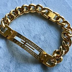 Men’s 8.5” Gold On Stainless Steel Bracelet- Cross with Greek Key Design On 10mm Cuban Link *Pickup Boca Raton