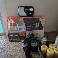 2-Burner Camp Stove 3 Small Propane Tanks Weather Radio 7 Candles 