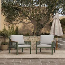 Brand New! Outdoor Aluminum with Wood-Style Plastic Armchairs with Cushions, Set of 2, OF2316-CH2