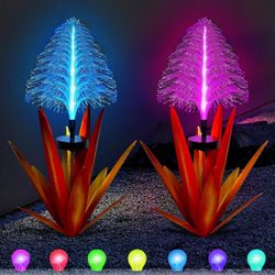 Metal Outdoor Decoration, Agave Yard Art Garden Lights  Solar Outdoor, 7 Color Changing Garden Yard Pathway
