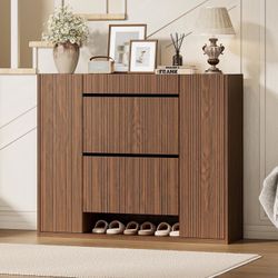 Large Shoe Cabinet with 2 Flip Drawers (3-Tier Each), 27-35 Pairs Shoe Organizer with Storage Drawer, 2 Doors & Open Shelf, 47.2'' Wide Shoe Storage C