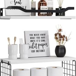 Bathroom Wall Floating Shelves with Paper Storage Basket and 2pc Decor Set