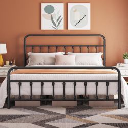California King Victorian Style Metal Bed Frame with Headboard/Mattress Foundation/No Box Spring Needed/Under Bed Storage/Strong Slat