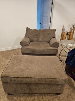 Oversized brown chenille chair and storage ottoman