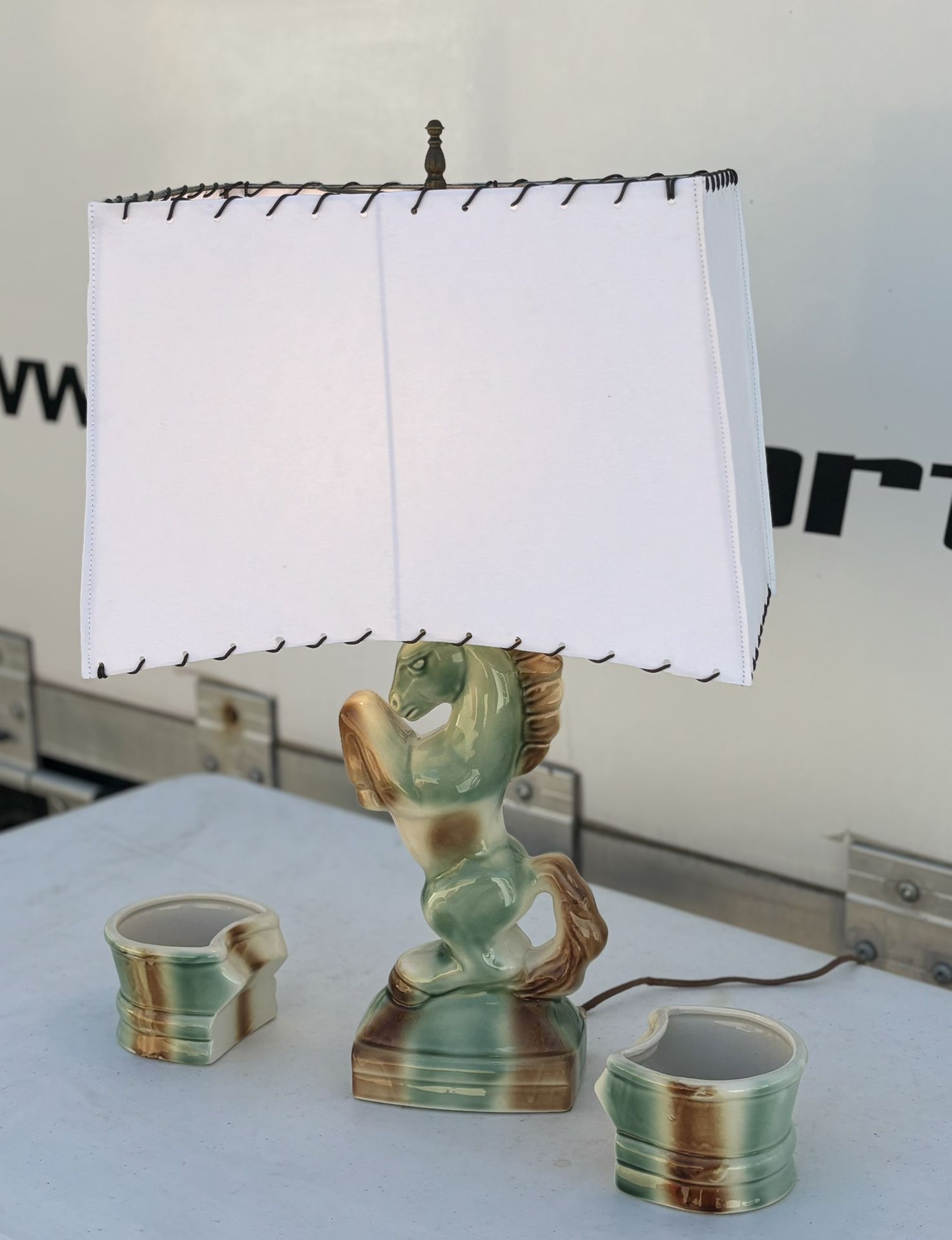 MCM Green Bucking Horse Ceramic Lamp W/ Separate “Shoes” UNIQUE