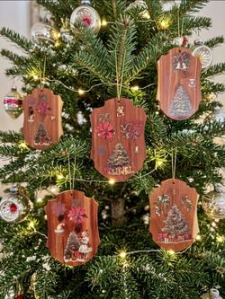 Set of 5 Cedar Wooden Christmas Hanging Shield Ornaments Girl Dog, 3x4 in