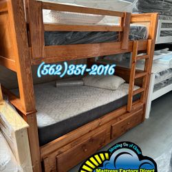 Full Bunk Bed Oak With Mattresses Colchones Nuevos Bonitos Trundle 