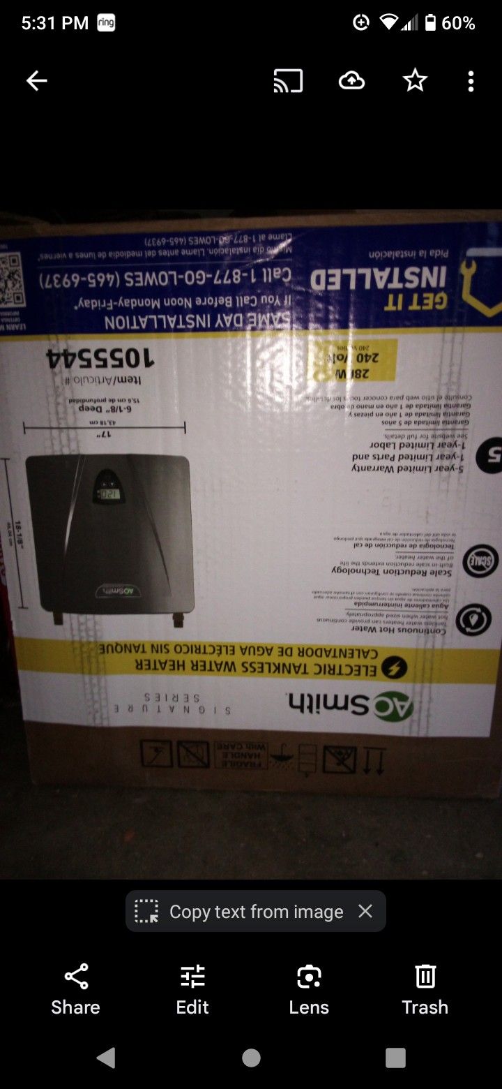 AO Smith 28 Kw Tankless Water Heater