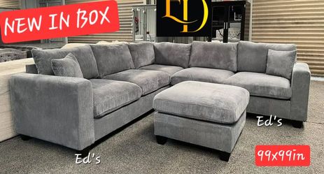 Gray Corduroy Sectional Sofa with Ottoman