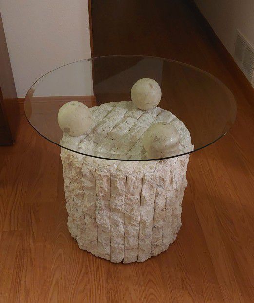 Natural Mactan Stone & Glass Top End or Side Table
