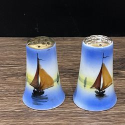 Vintage Sailboat Salt &Pepper Shakers Made in Japan Ocean Sunset Scene Nautical with cork stoppers. 