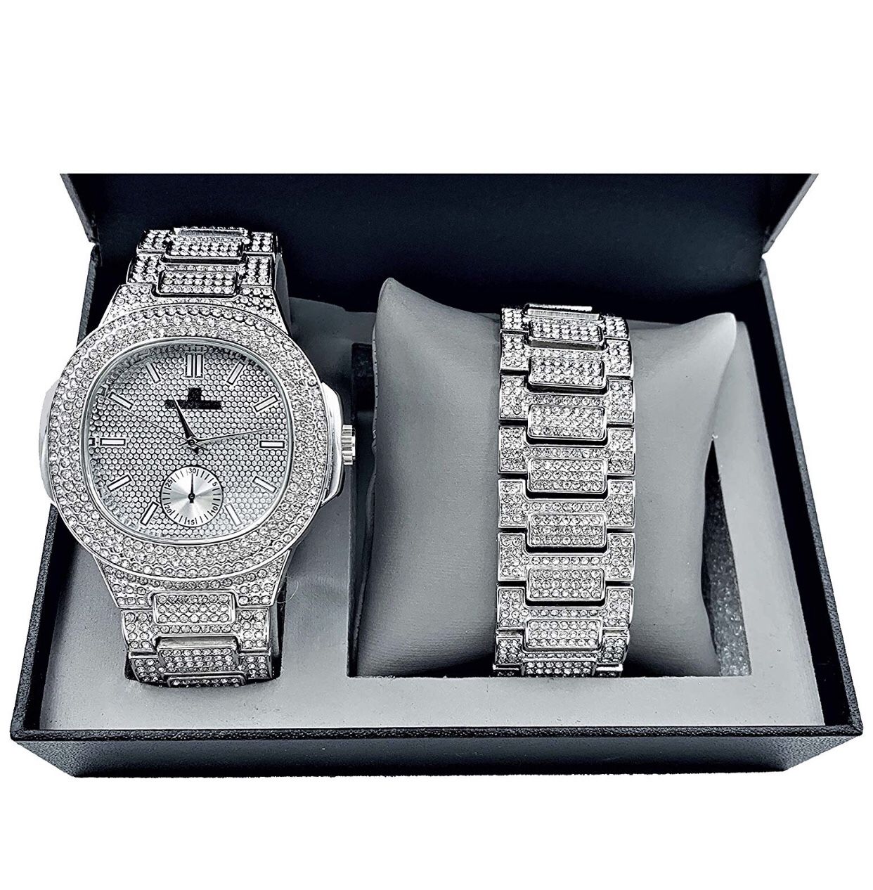 Bling-ed Out Oblong Case Metal Mens Watch w/Matching Bracelet Gift Set - 8475B - Silver