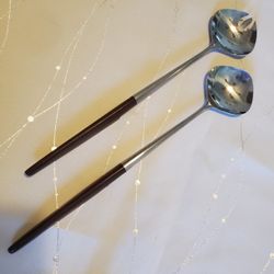 Vintage MCM Salad Server Set EKCO Eterna Canoe Japan Stainless Resin-Wood 12"