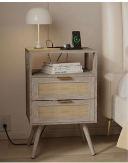 Rattan 2-Drawer Nightstand with Open Shelf