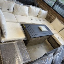 9 Pieces Outdoor Patio Set With Fire Pit Table( Already Assembled 