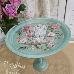Pedestal  Tray/Mother's Day Gift/Trinket Tray/Jewerly Tray/Decorative Tray/Eclectic Decor/Owl Decor/Bedroom/ Bathroom/Living room Decor/Handpainted