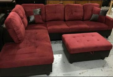 Brand New Red Microfiber Sectional Set With Decorative Pillows & Storage Ottoman