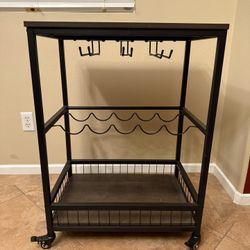 Rolling Bar Cart With Wine Rack And Glass Holder Locking Wheels