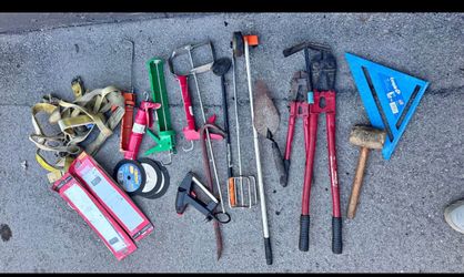 Lot of Construction Tools: Bolt Cutters, Caulking Guns, Straps, Blades, More