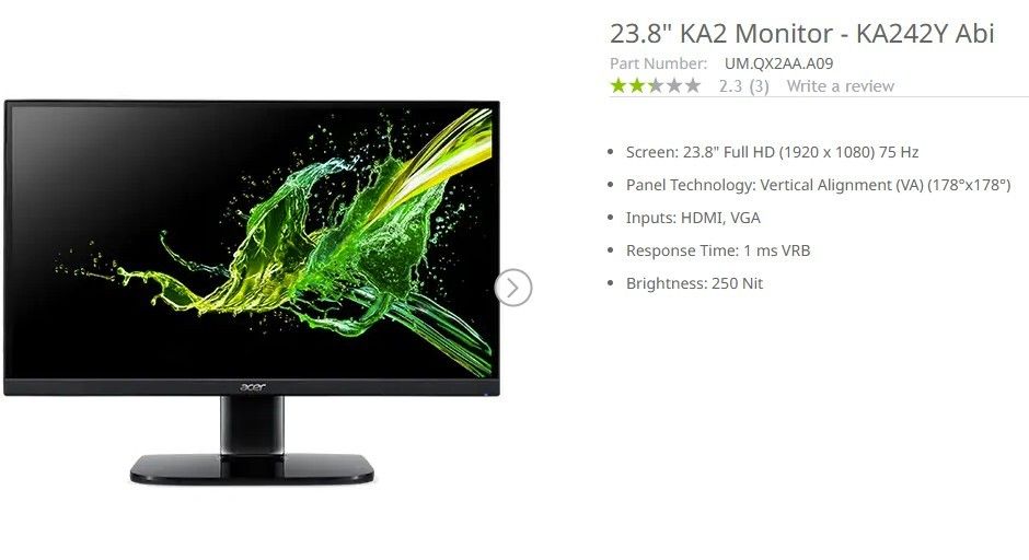 Acer 23.8" KA2 Monitor with HDMI Cable