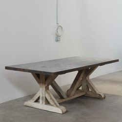 Zinc-Top Trestle Dining Table with Heart Pine Base