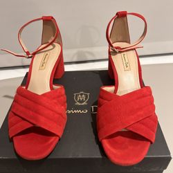 Massimo Dutti Red Suede Block Heel Sandals | Ankle Strap | Size 7.5