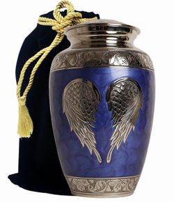 New Brass Adult Cremation Urn – Angel Wings (Blue + Silver)
