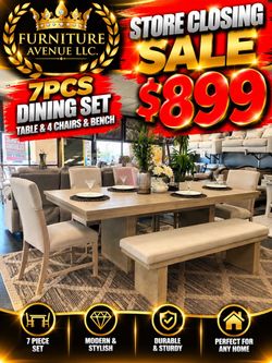 7-Piece Dining Set Table, 4 Chairs & Bench