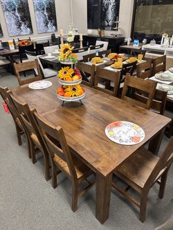 Rustic Wood Dining Table with 8 Chairs