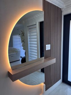 Round Backlit Wall Mirror with Wood Shelf