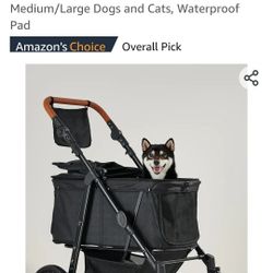 Medium Pet Stroller for Dogs Up to 66lbs, Adjustable Handle, 180 ̊ Canopy, 4 Wheels for Medium/Large Dogs and Cats, Waterproof Pad