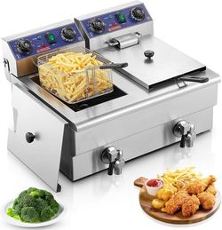 Commercial Deep Fryer with Basket and Lid, 23.3Qt/22L Electric Deep Fryer with Oil Filtration, Time & Temp Control, 3000W Stainless Steel Deep Fryer  