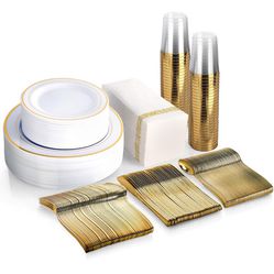 350 Piece MCIRCO Gold Dinnerware Set - 100 Gold Rim Plastic Plates - 50 Gold Plastic Silverware - 50 Gold Plastic Cups - 50 Gold Paper Napkins, 50 Gue