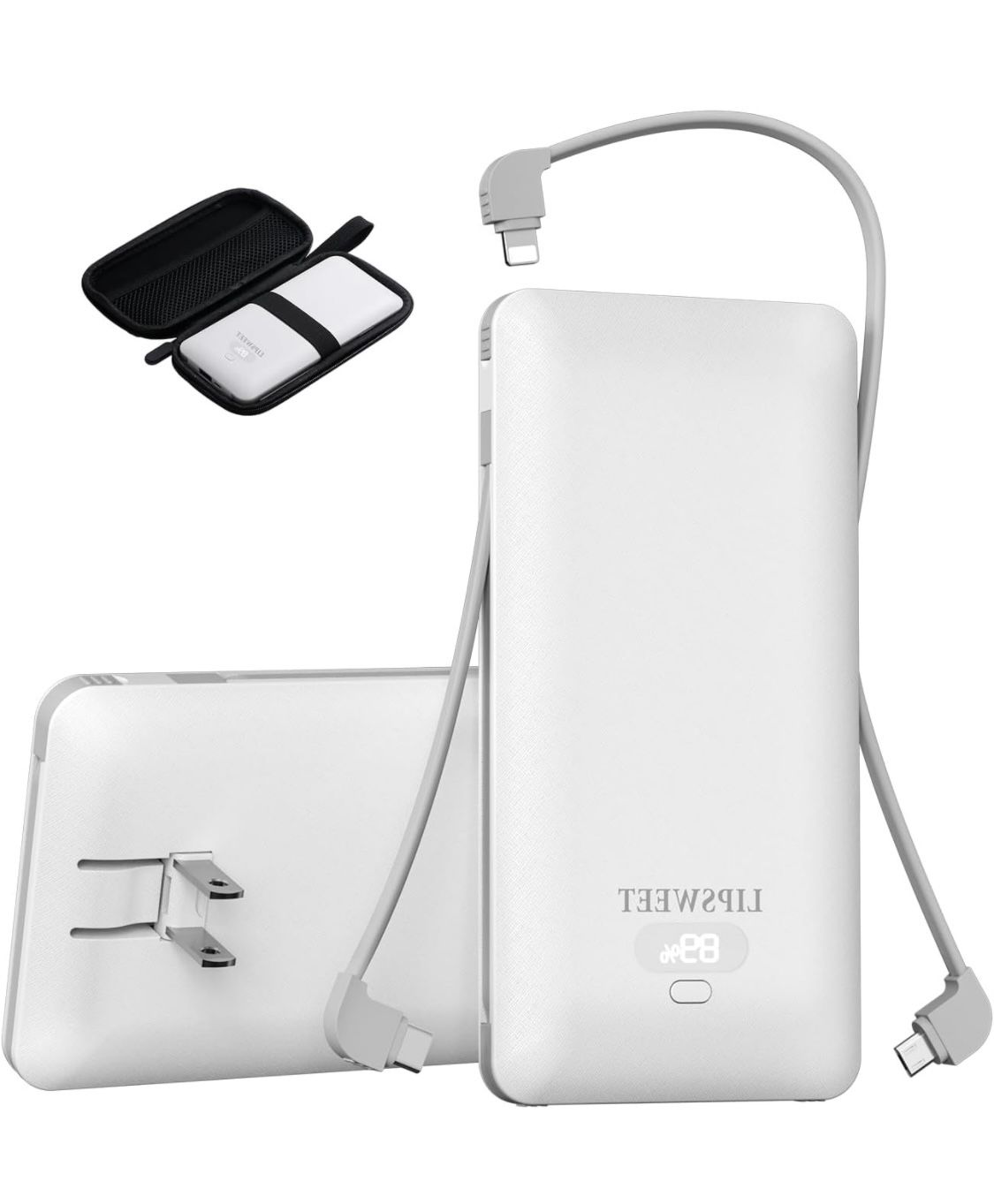 10000mAh Portable Charger with Built-in Cables and AC Wall Plug,USB C Fast Charging Power Bank, External Battery Pack Compatible with iPhone,Samsung,T