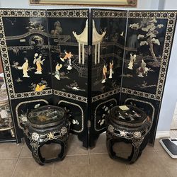 Asian Screen Room Divider And Stools 
