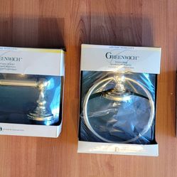 GREENWICH ALL 3 PIECES BATH HARDWARE, BRAND NEW IN BOX. ROBE HOOK, TOILET PAPER HOLDER, TOWEL RING. $15