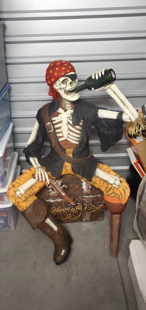 Skeleton Pirate on Treasure Drinking Life Size Statue Halloween
