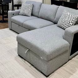  Sectional with Left Chaise, Pull-out Bed, Hidden Storages and Shelves, Charging Ports.Available in Gray & Beige 
