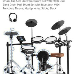 Electric Drum Set with Independent Hi-Hat Snare Drum: Full Size Electronic Drum Set with Mesh Dual Zone Drum Pad, Drum Set with Bluetooth MIDI Functio