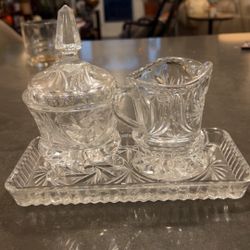 Vintage Cut Glass Creamer, Sugar & Tray Set