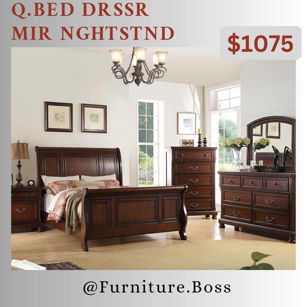 Queen Size Bed + Dresser + Mirror + Nightstand