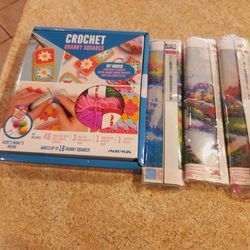 3 diamond painting kit and a crochet granny square with crochet hook